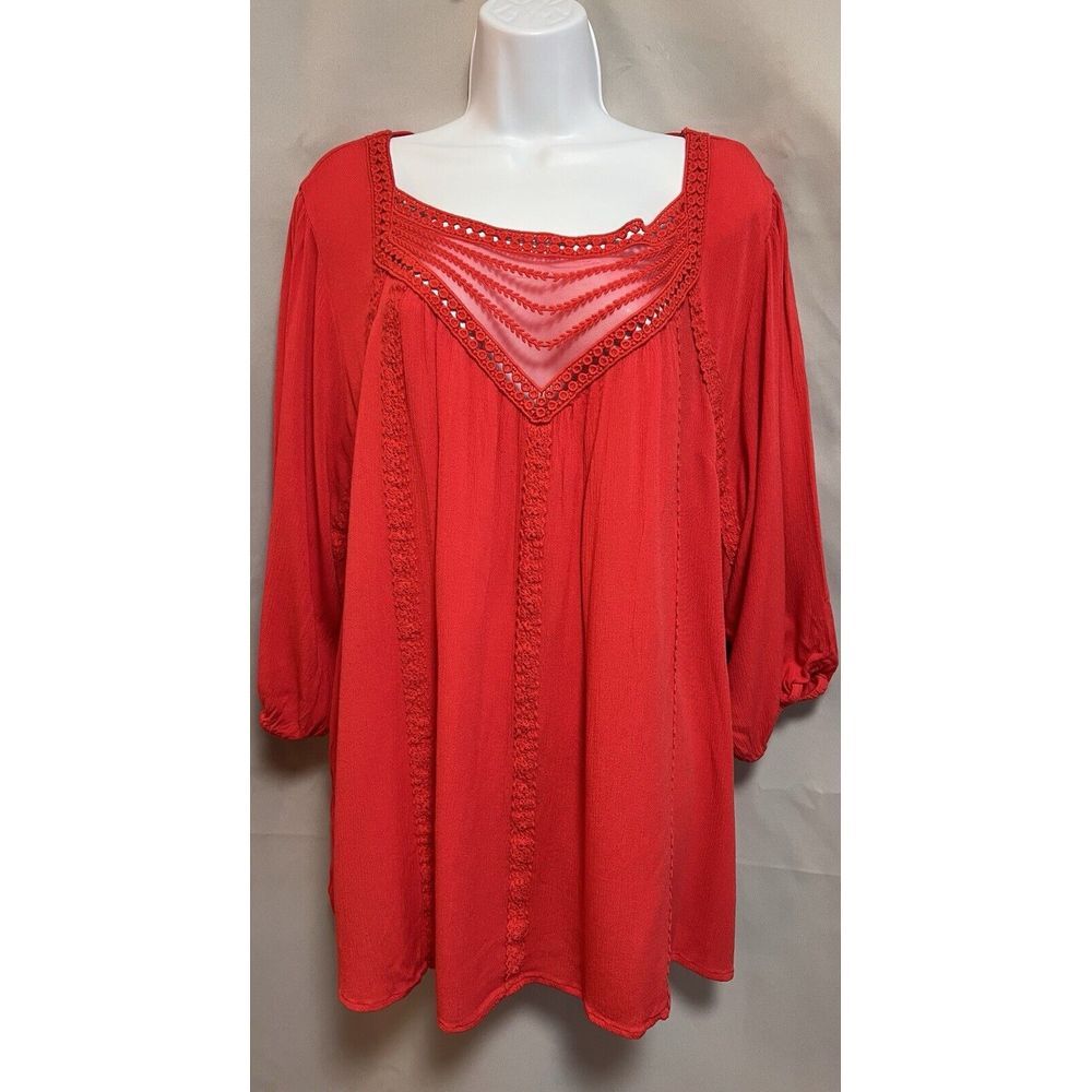 Torrid 1 Red Embroidered &‎ Crochet Trim Top; Plus Size Blouse 3X Shirt